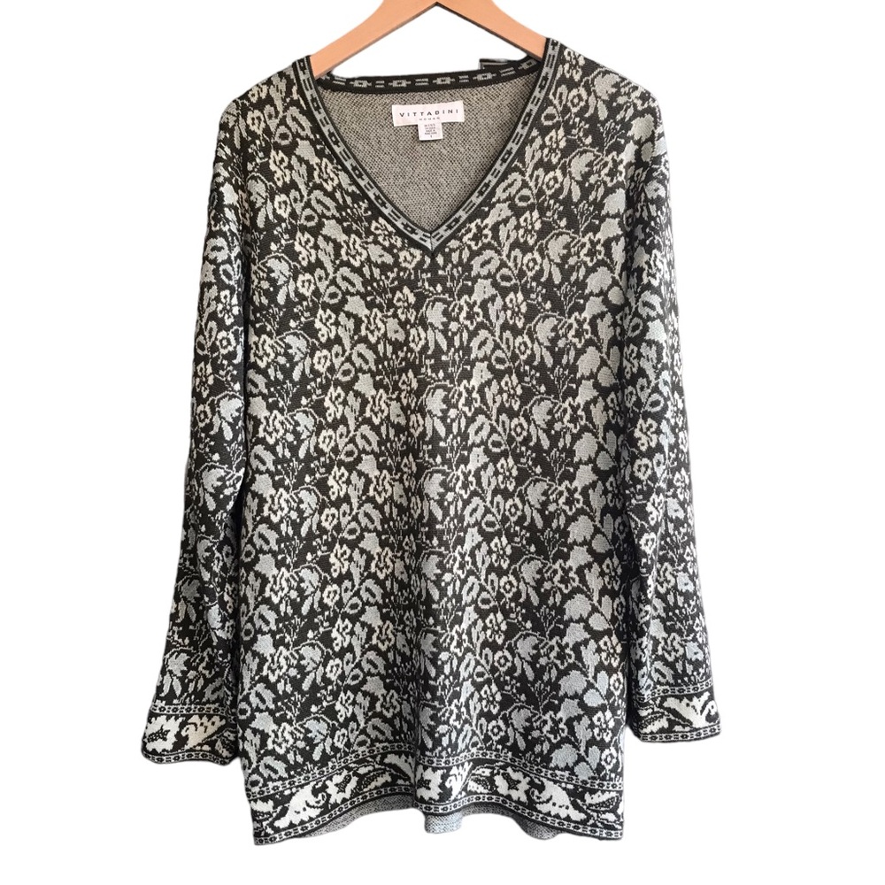 Adrienne Vittadini Vintage Floral Sweater Pullover Flowers Wool + Autumn Size L